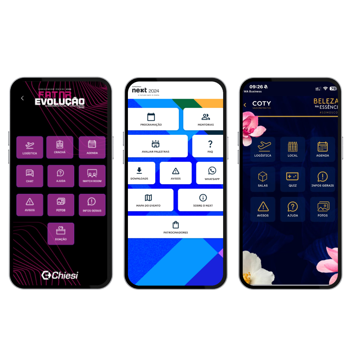 Três modelos de smartphones exibindo interfaces customizadas do WEBAPPI para diferentes eventos, destacando ícones de programação, mapa interativo, chat e crachá digital.