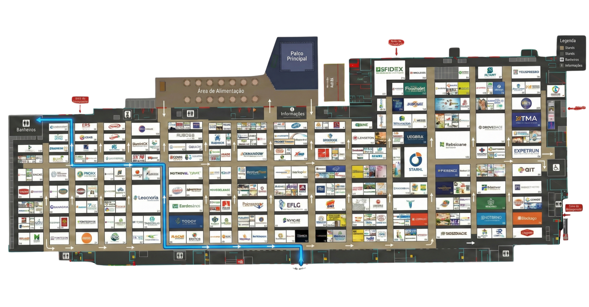 Interface de mapa interativo para grandes eventos, exibindo planta baixa detalhada com localização de stands, área de alimentação, palco principal e rotas de navegação em tempo real.