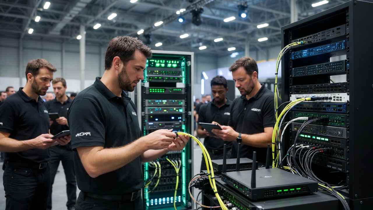 Equipe de engenharia de redes configurando racks de servidores e roteadores de alta densidade para fornecer internet Wi-Fi estável em pavilhão de eventos.