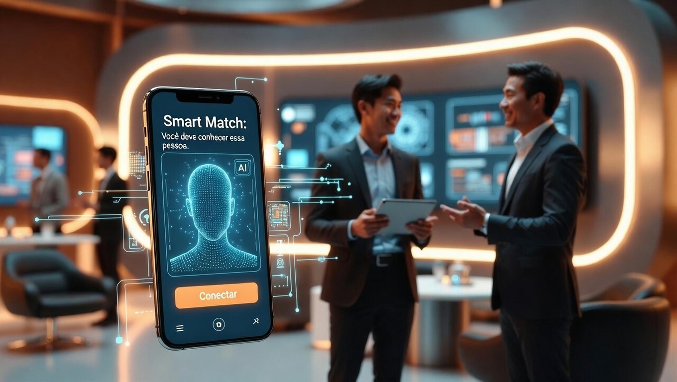Ilustração de um smartphone exibindo a função Smart Match com inteligência artificial, sugerindo conexões de networking entre participantes em um ambiente de evento moderno.