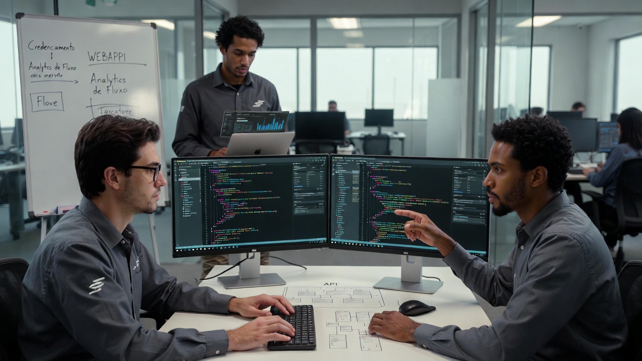 Equipe de desenvolvedores de software do Grupo INAC trabalhando em monitores com códigos de programação e dashboards, focados na criação de sistemas personalizados para gestão de eventos.
